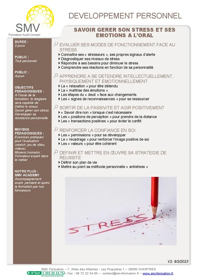 Fiche programme de la formation Savoir gérer son stress et ses émotions à l’oral : durée, public, prérequis, objectifs pédagogiques et contenu