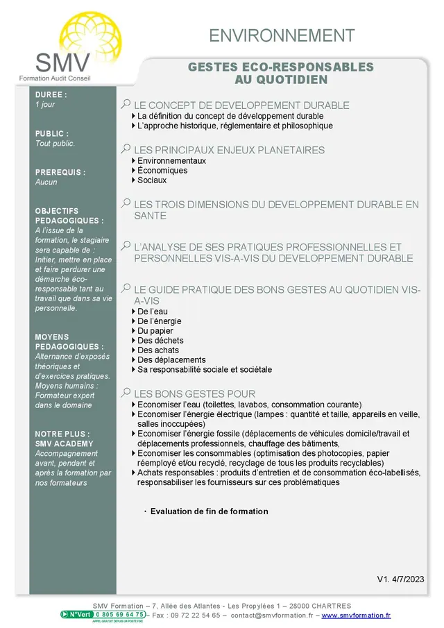 Fiche programme de la formation Gestes eco-responsables au quotidien : durée, public, prérequis, objectifs pédagogiques et contenu
