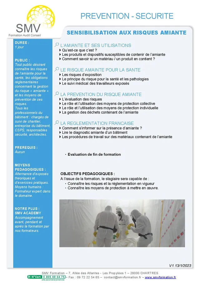 Fiche programme de la formation Sensibilisation aux risques amiante : durée, public, prérequis, objectifs pédagogiques et contenu