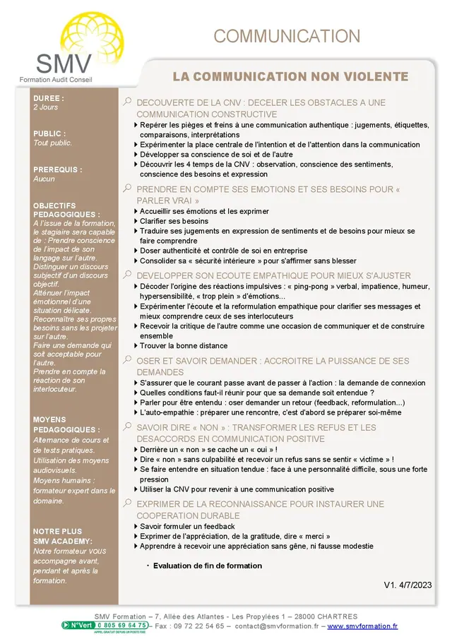 Fiche programme de la formation La Communication Non Violente : durée, public, prérequis, objectifs pédagogiques et contenu