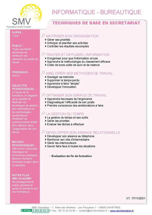 Fiche programme de la formation Techniques de base en secrétariat : durée, public, prérequis, objectifs pédagogiques et contenu