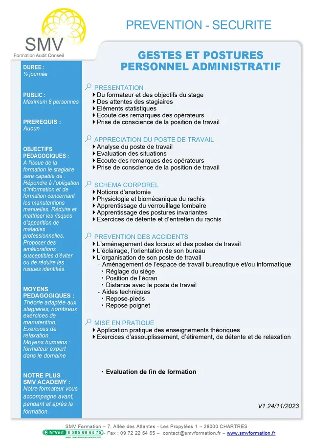 Fiche programme de la formation gestes et postures demi-journee personnel administratif : durée, public, prérequis, objectifs pédagogiques et contenu