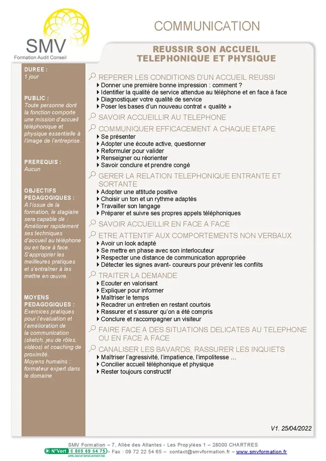 Fiche programme de la formation Réussir son accueil téléphonique et physique 1 jour : durée, public, prérequis, objectifs pédagogiques et contenu