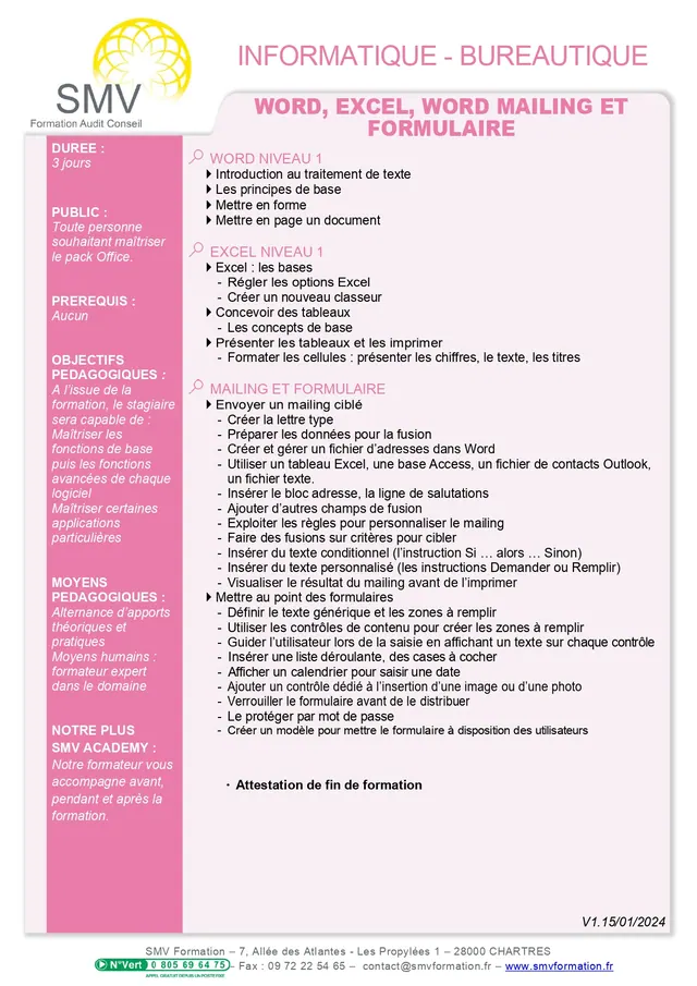 Fiche programme de la formation word, excel, word mailing et formulaire : durée, public, prérequis, objectifs pédagogiques et contenu