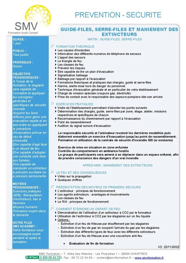 Fiche programme de la formation Guide-files serre-files et maniement d’extincteurs en zone enfumée 1 jour : durée, public, prérequis, objectifs pédagogiques et contenu