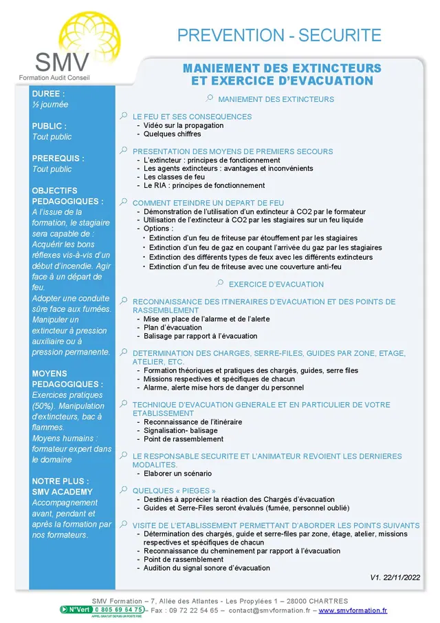 Fiche programme de la formation Maniement des extincteurs et exercice d’évacuation demi-journée : durée, public, prérequis, objectifs pédagogiques et contenu