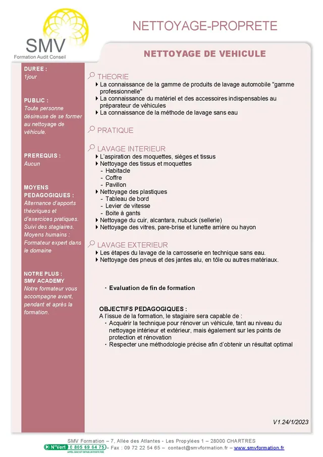 Fiche programme de la formation Nettoyage de véhicule : durée, public, prérequis, objectifs pédagogiques et contenu