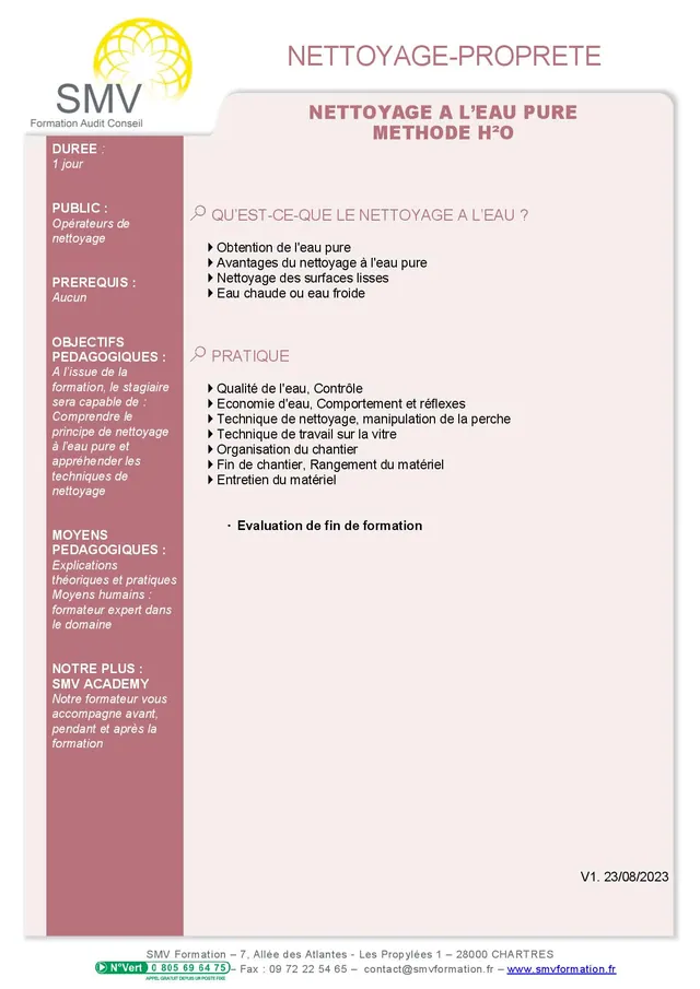 Fiche programme de la formation Nettoyage à l’eau pure méthode H²O : durée, public, prérequis, objectifs pédagogiques et contenu