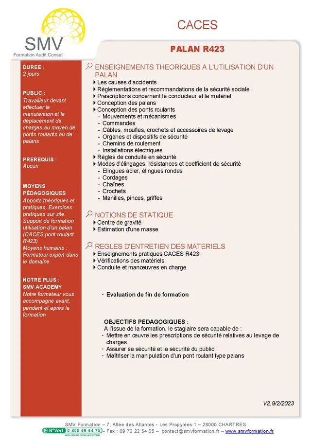 Fiche programme de la formation CACES PALAN R423 : durée, public, prérequis, objectifs pédagogiques et contenu