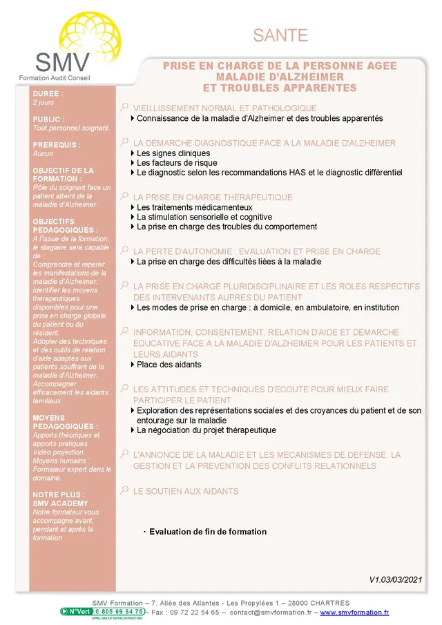 Fiche programme de la formation Maladie d Alzheimer et troubles apparentes 2 jours : durée, public, prérequis, objectifs pédagogiques et contenu
