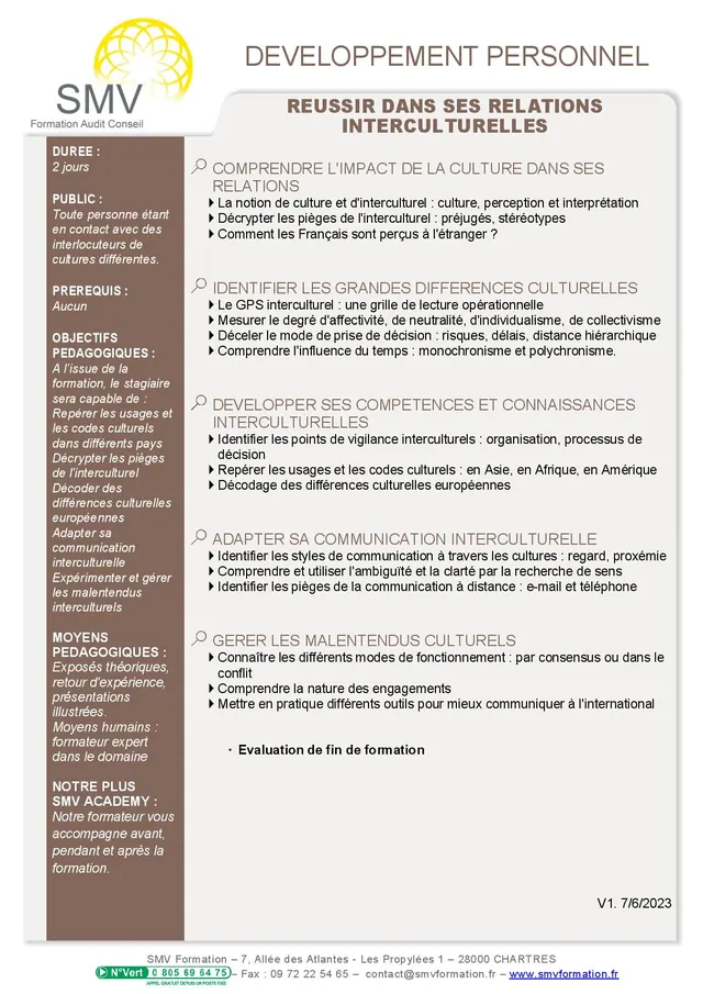 Fiche programme de la formation Réussir dans ses relations interculturelles : durée, public, prérequis, objectifs pédagogiques et contenu