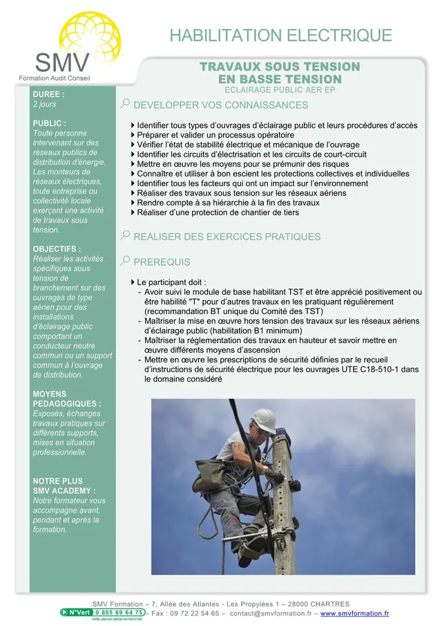 Fiche programme de la formation Travaux sous tension en basse tension eclairage public : durée, public, prérequis, objectifs pédagogiques et contenu