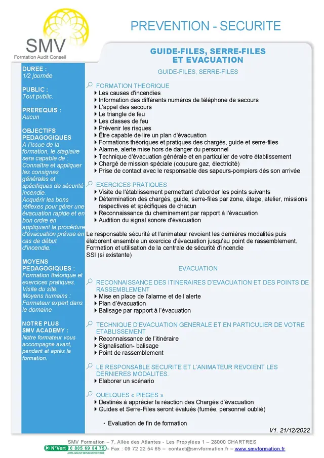 Fiche programme de la formation Guide-files serre-files et Evacuation : durée, public, prérequis, objectifs pédagogiques et contenu