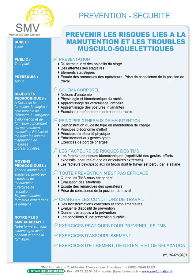 Fiche programme de la formation Prévenir les risques liés a la manutention et les troubles musculosquelettiques : durée, public, prérequis, objectifs pédagogiques et contenu