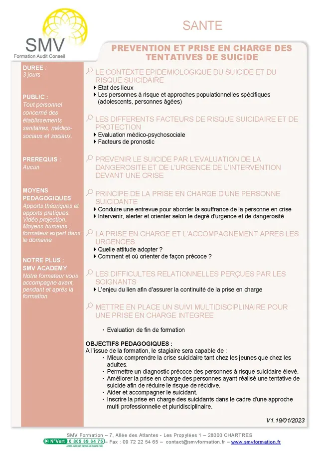 Fiche programme de la formation Prévention et prise en charge des tentatives de suicide : durée, public, prérequis, objectifs pédagogiques et contenu