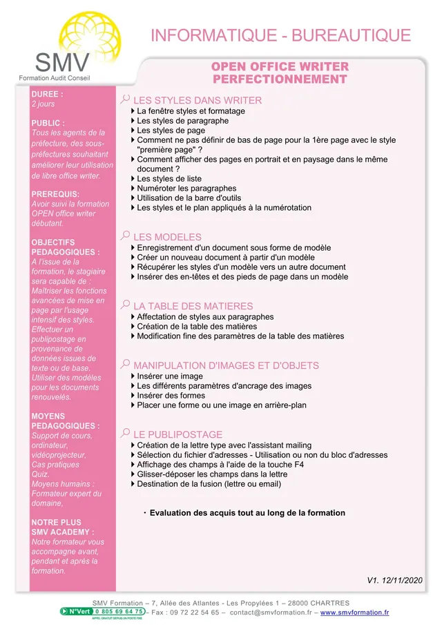 Fiche programme de la formation OpenOffice Writer Perfectionnement : durée, public, prérequis, objectifs pédagogiques et contenu