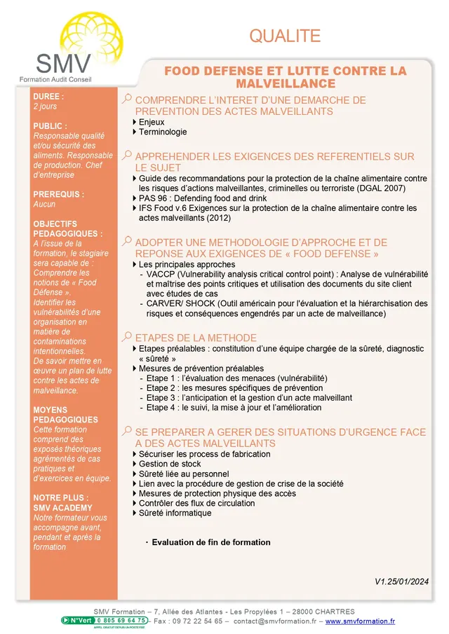 Fiche programme de la formation Food defense et lutte contre la malveillance : durée, public, prérequis, objectifs pédagogiques et contenu