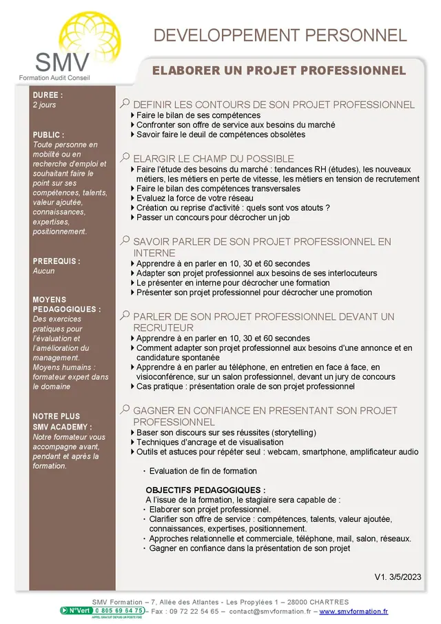 Fiche programme de la formation Elaborer son projet professionnel : durée, public, prérequis, objectifs pédagogiques et contenu
