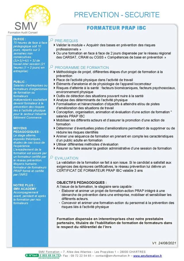 Fiche programme de la formation Formateur PRAP IBC : durée, public, prérequis, objectifs pédagogiques et contenu