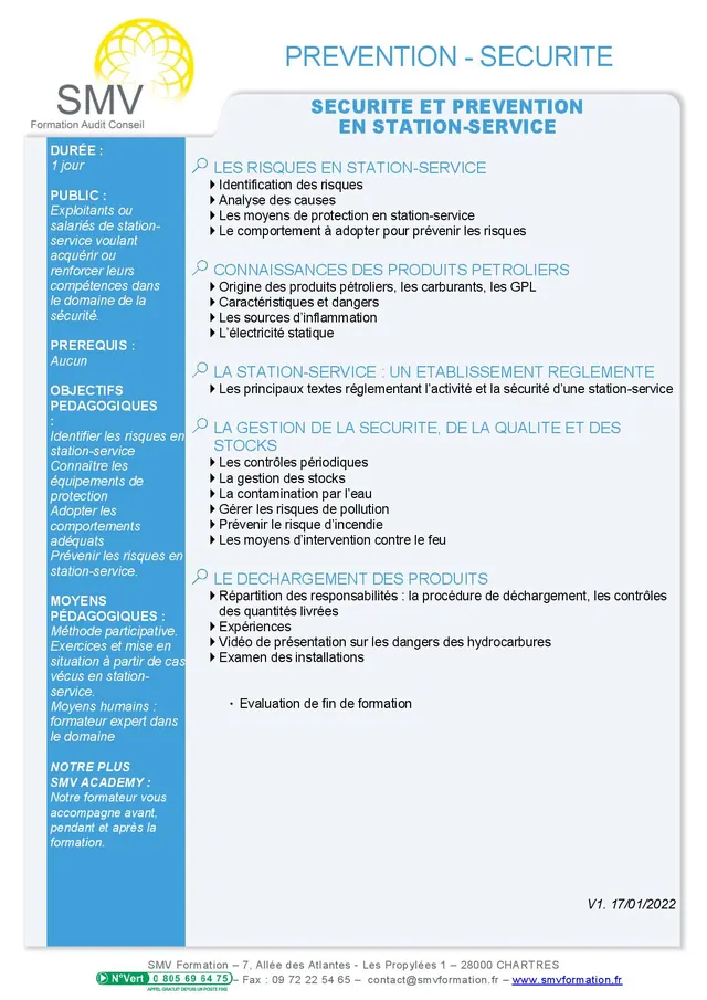 Fiche programme de la formation Sécurité et prévention en station service : durée, public, prérequis, objectifs pédagogiques et contenu