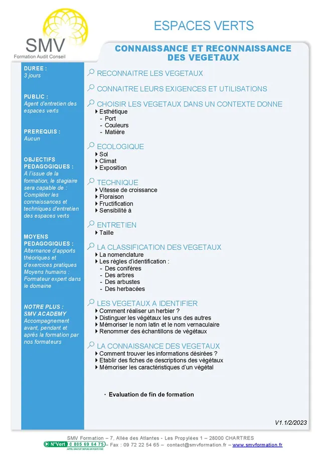 Fiche programme de la formation Connaissance et reconnaissance des végétaux : durée, public, prérequis, objectifs pédagogiques et contenu