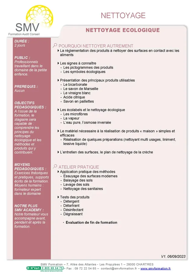 Fiche programme de la formation Nettoyage ecologique : durée, public, prérequis, objectifs pédagogiques et contenu