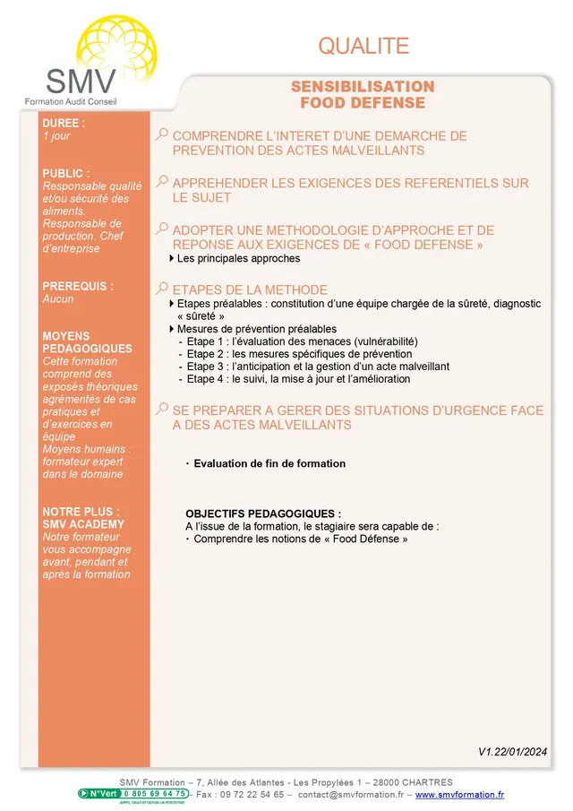 Fiche programme de la formation Sensibilisation Food Defense : durée, public, prérequis, objectifs pédagogiques et contenu