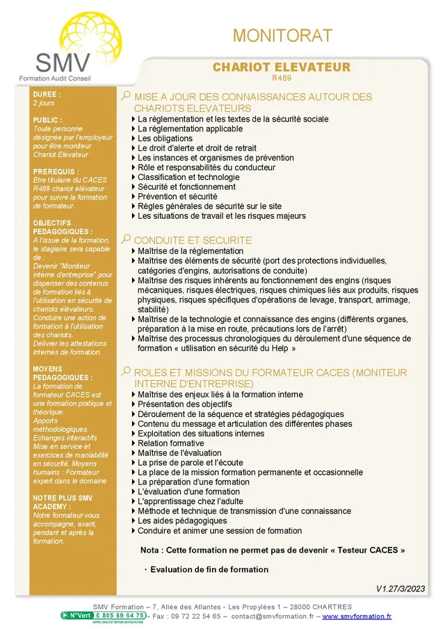 Fiche programme de la formation Monitorat Interne Chariot élévateur R 489 2 jours : durée, public, prérequis, objectifs pédagogiques et contenu