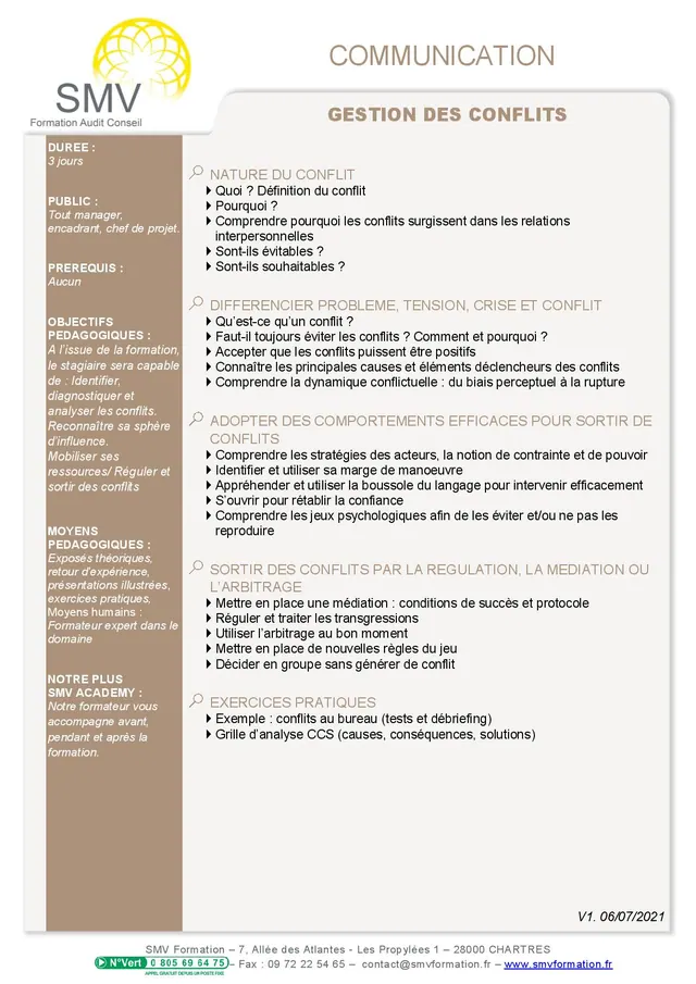 Fiche programme de la formation Gestion des conflits 3 jours : durée, public, prérequis, objectifs pédagogiques et contenu