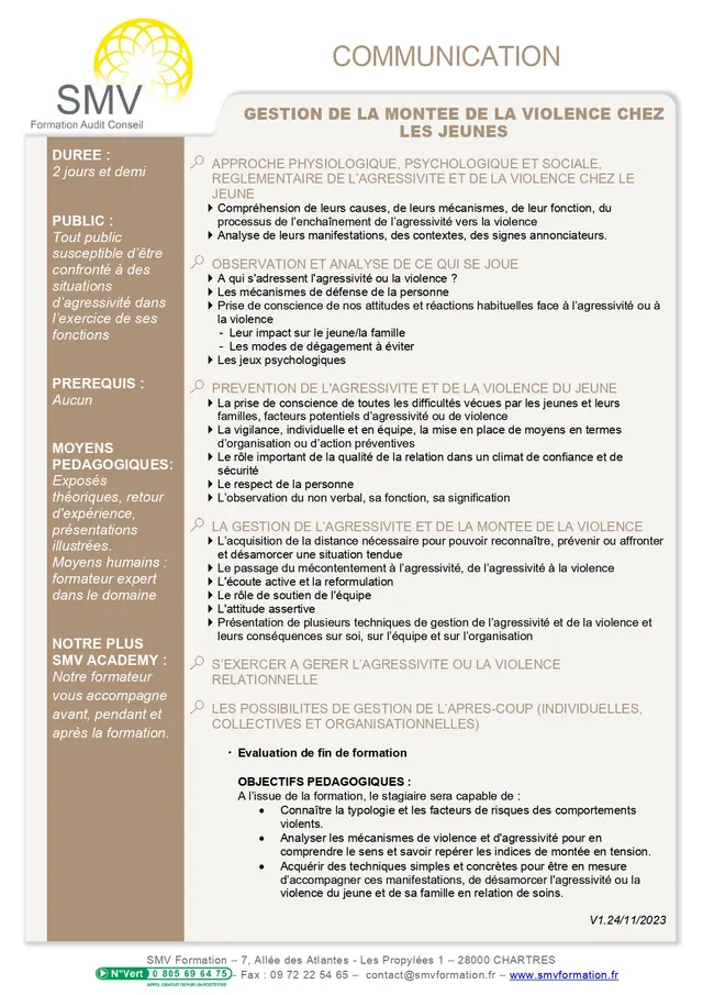 Fiche programme de la formation Gestion de la montee de la violence chez les jeunes : durée, public, prérequis, objectifs pédagogiques et contenu