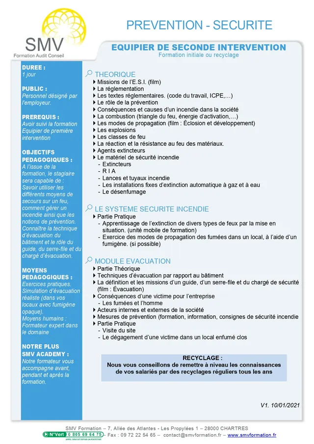 Fiche programme de la formation Equipier de Seconde Intervention 1j : durée, public, prérequis, objectifs pédagogiques et contenu