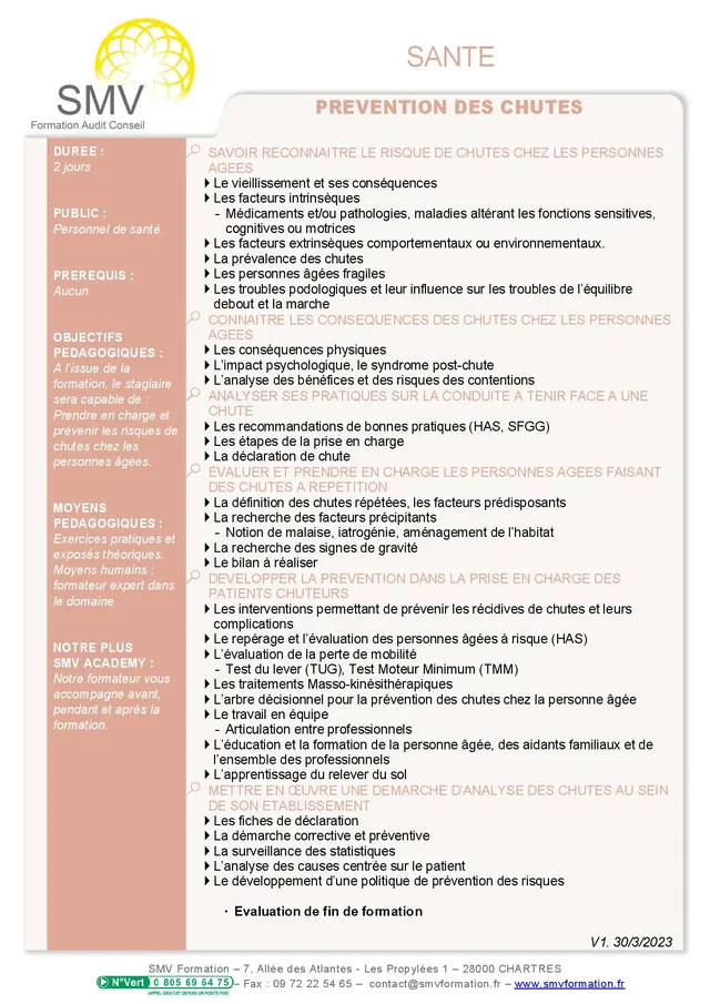 Fiche programme de la formation Prévention des chutes : durée, public, prérequis, objectifs pédagogiques et contenu