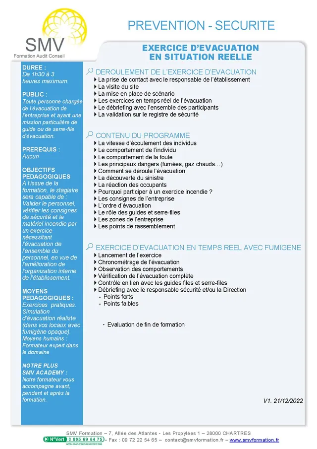 Fiche programme de la formation Exercice d’évacuation en situation réelle : durée, public, prérequis, objectifs pédagogiques et contenu
