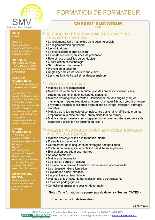 Fiche programme de la formation Monitorat Interne Chariot élévateur R489 3 jours : durée, public, prérequis, objectifs pédagogiques et contenu
