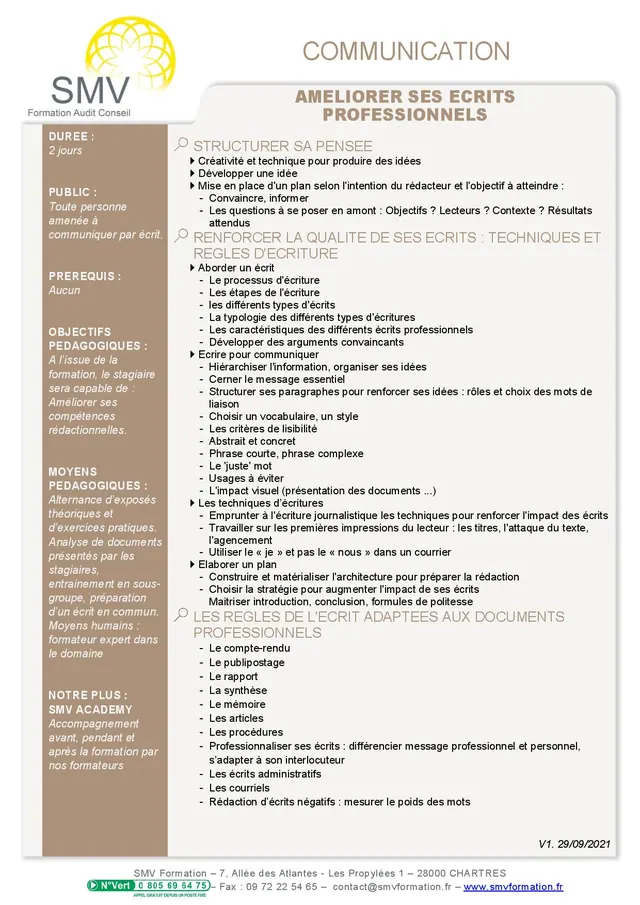 Fiche programme de la formation Améliorer ses écrits professionnels : durée, public, prérequis, objectifs pédagogiques et contenu