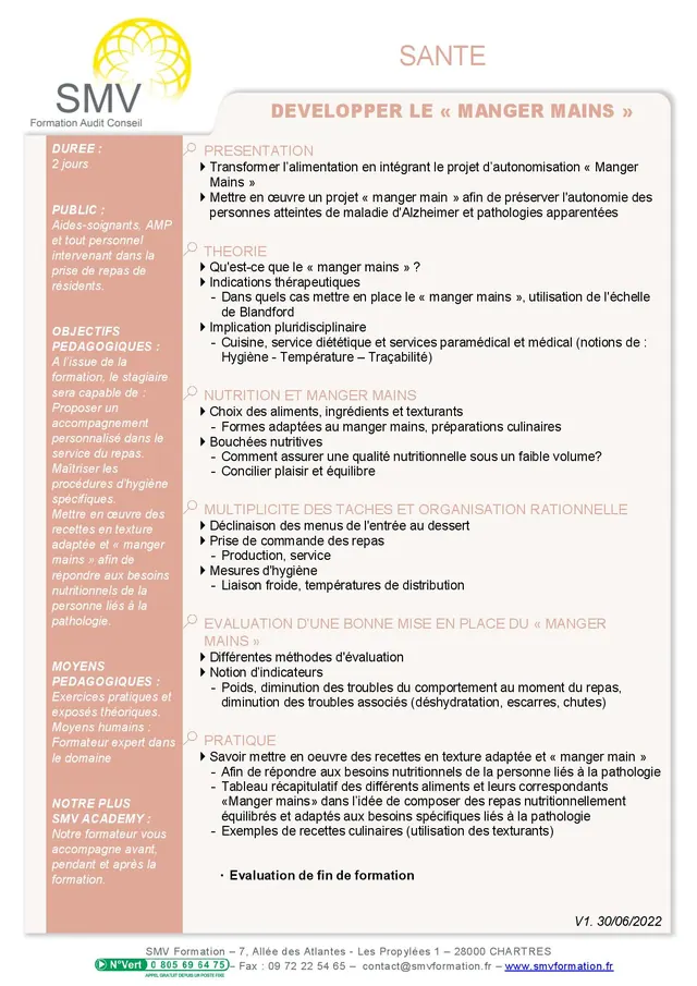Fiche programme de la formation Développer Le « Manger mains » : durée, public, prérequis, objectifs pédagogiques et contenu