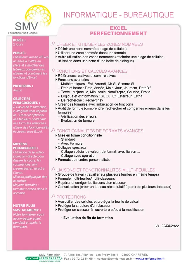 Fiche programme de la formation Excel perfectionnement : durée, public, prérequis, objectifs pédagogiques et contenu