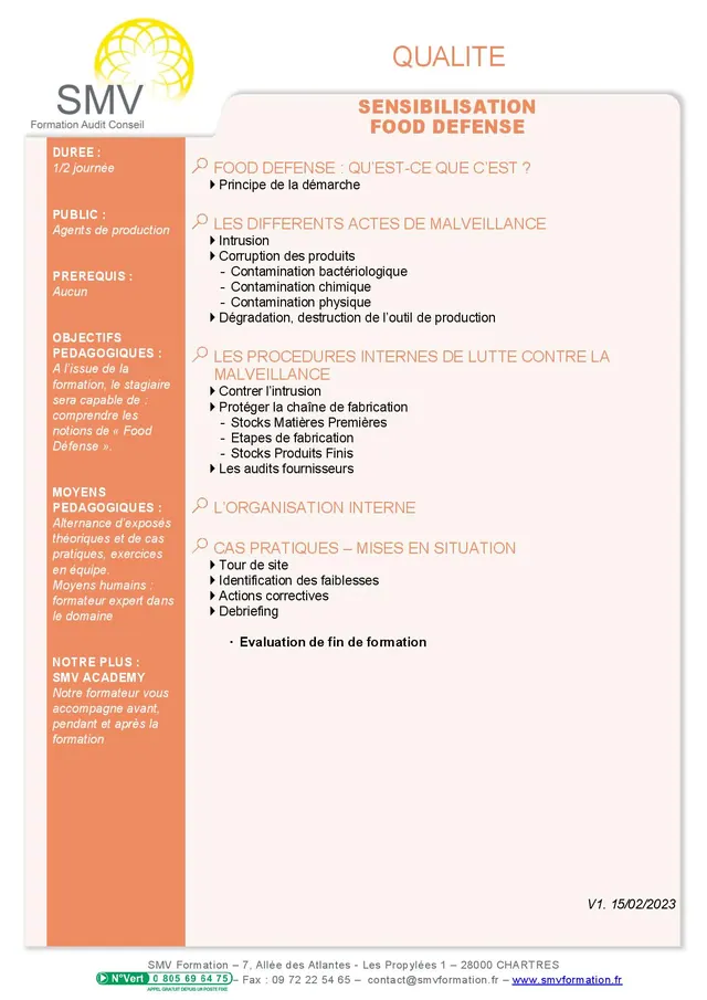 Fiche programme de la formation Sensibilisation Food Defense demi journée : durée, public, prérequis, objectifs pédagogiques et contenu
