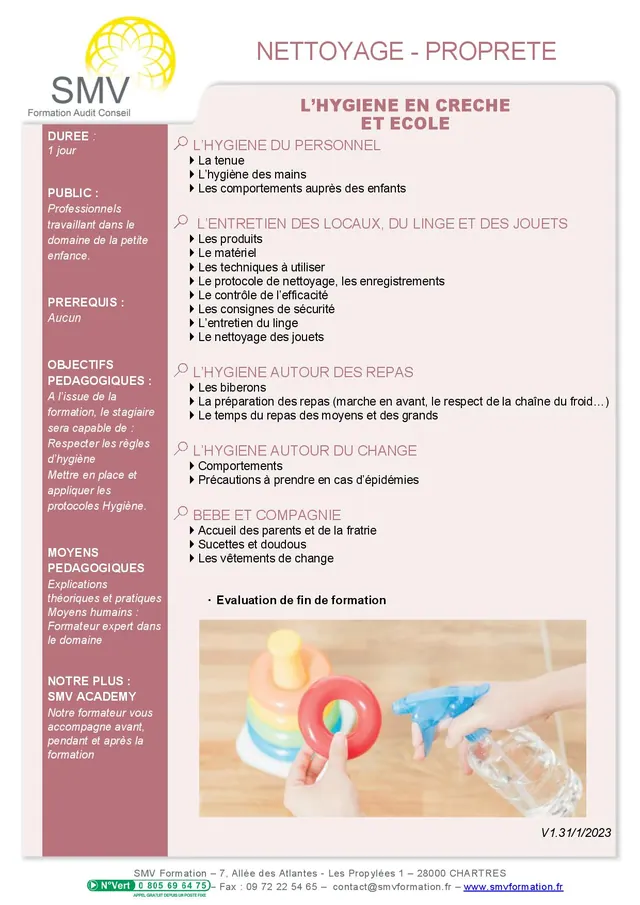 Fiche programme de la formation Hygiène en crèche et en école : durée, public, prérequis, objectifs pédagogiques et contenu