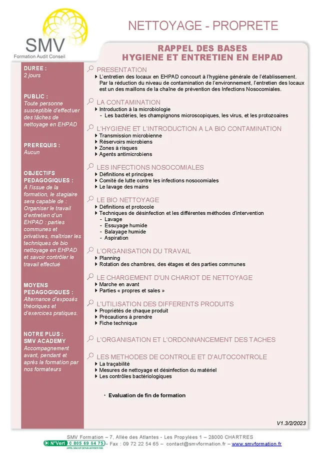 Fiche programme de la formation Rappel des bases hygiène et entretien en EHPAD : durée, public, prérequis, objectifs pédagogiques et contenu