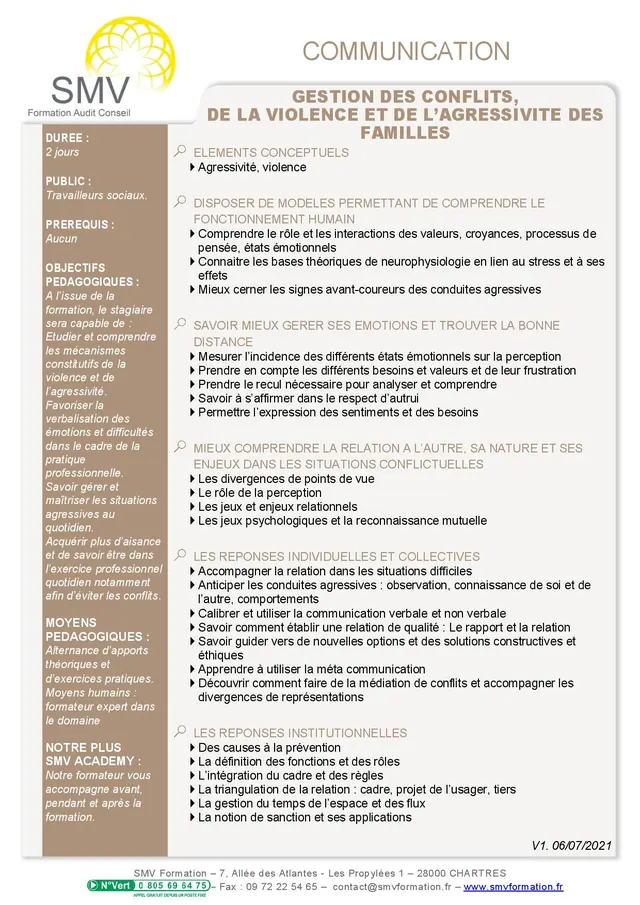 Fiche programme de la formation Gestion des conflits de la violence et de l’agressivité des familles 2 jours : durée, public, prérequis, objectifs pédagogiques et contenu
