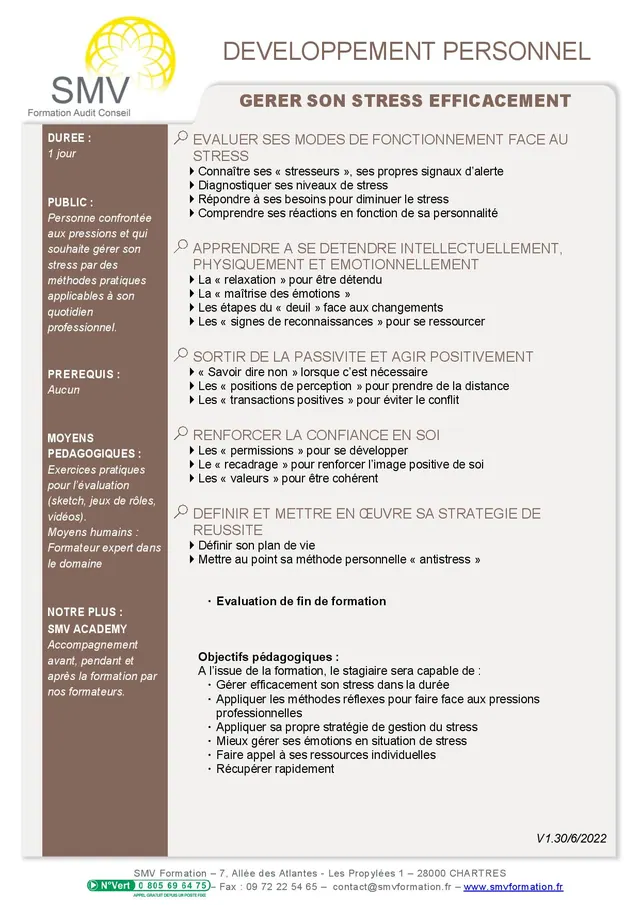 Fiche programme de la formation Gerer son stress efficacement 1 jour : durée, public, prérequis, objectifs pédagogiques et contenu