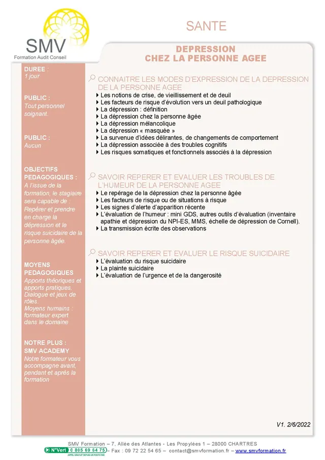 Fiche programme de la formation Dépression chez la personne âgée : durée, public, prérequis, objectifs pédagogiques et contenu