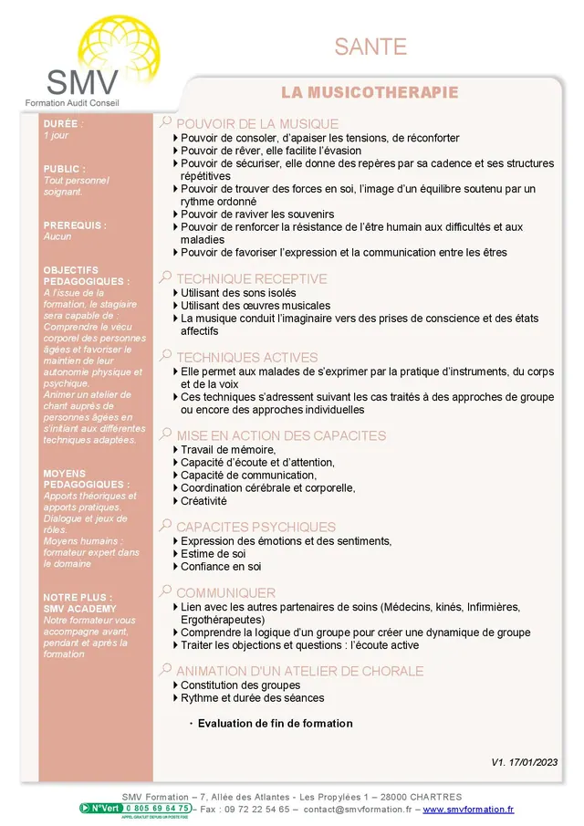 Fiche programme de la formation La musicothérapie : durée, public, prérequis, objectifs pédagogiques et contenu