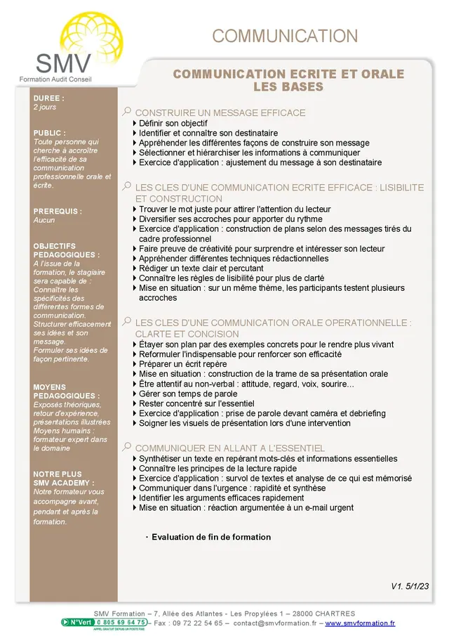Fiche programme de la formation Communication écrite et orale : durée, public, prérequis, objectifs pédagogiques et contenu