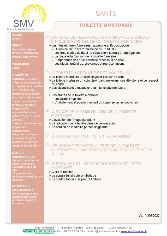 Fiche programme de la formation Toilette mortuaire 2 jours : durée, public, prérequis, objectifs pédagogiques et contenu