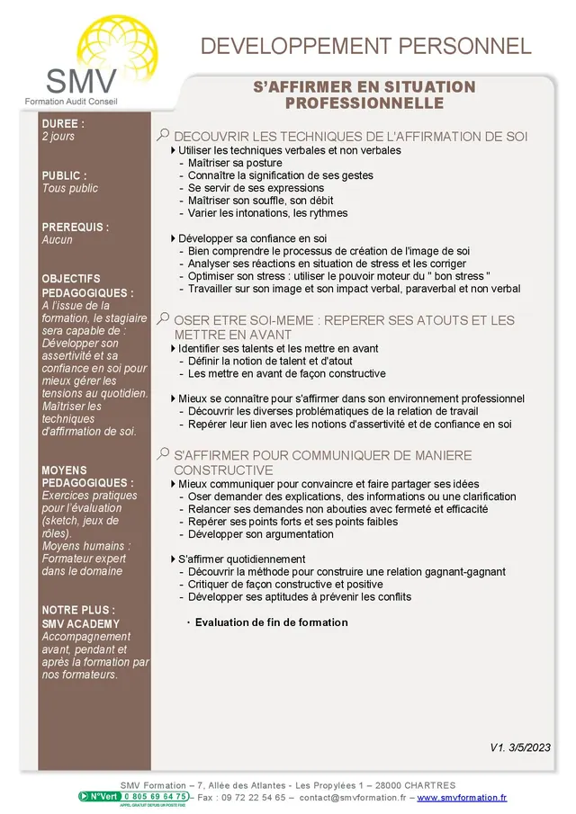 Fiche programme de la formation S’affirmer en situation professionnelle : durée, public, prérequis, objectifs pédagogiques et contenu