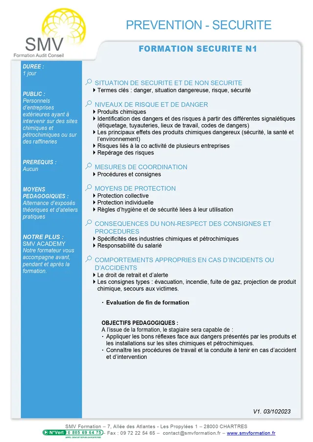 Fiche programme de la formation formation securite n1 : durée, public, prérequis, objectifs pédagogiques et contenu