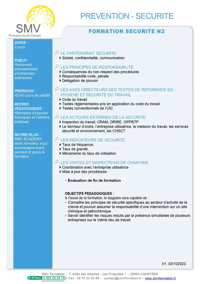 Fiche programme de la formation formation securite n2 : durée, public, prérequis, objectifs pédagogiques et contenu
