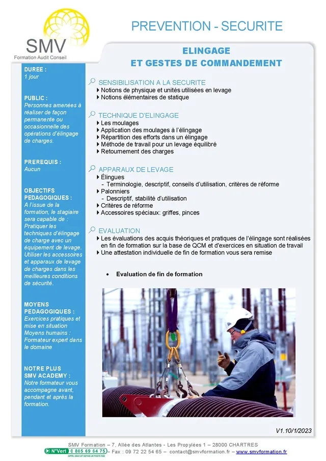 Fiche programme de la formation Elingage et gestes de commandement : durée, public, prérequis, objectifs pédagogiques et contenu